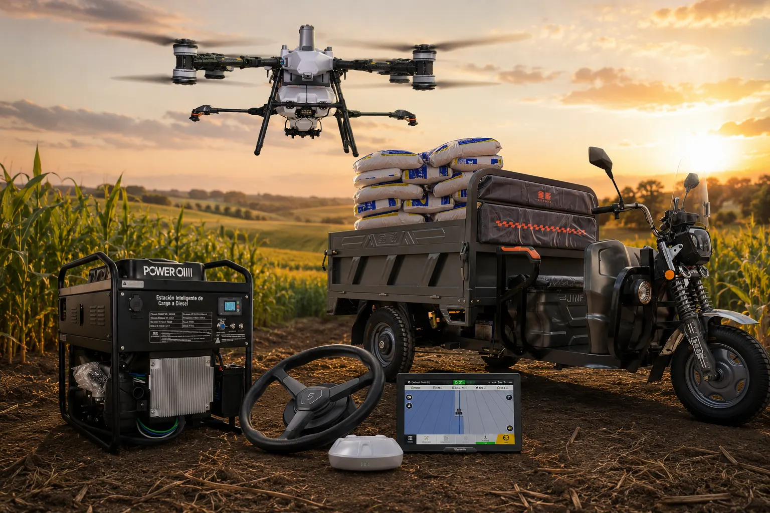 Dron DJI Agras, estación de carga Power On, tricimoto eléctrica y kit de autoguiado FJ Dynamics